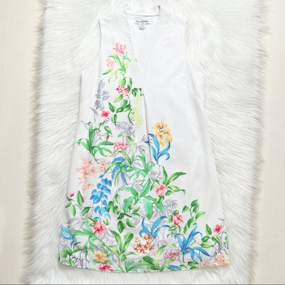 SOLD-Tommy Bahama Linen Blend White Floral Print Sleeveless Tunic Dress - Picture 8 of 11